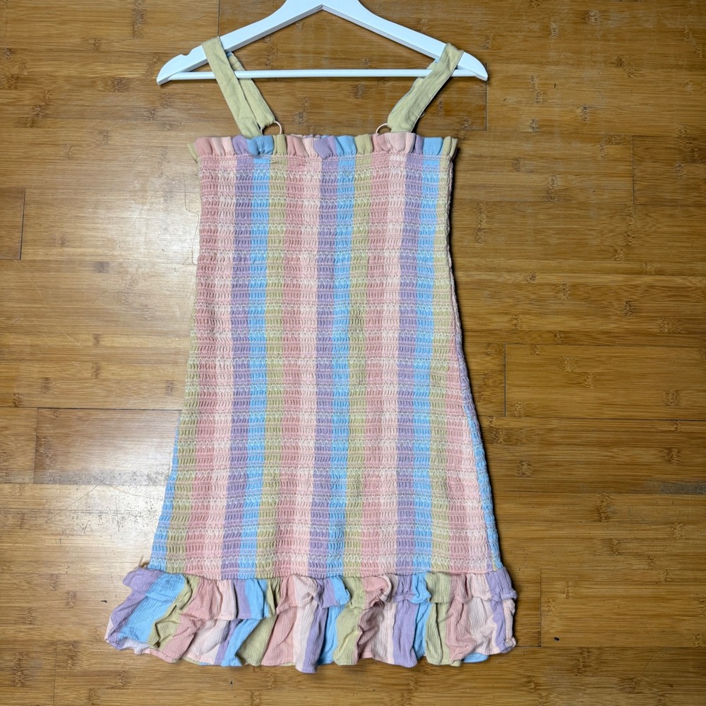 American Eagle‎ Pastel Striped Ruffle Trim Smocked Tube Mini Dress Womens Size S